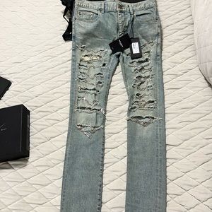YSL Saint Laurent Paris Blue Distressed Skinny Chain Jeans